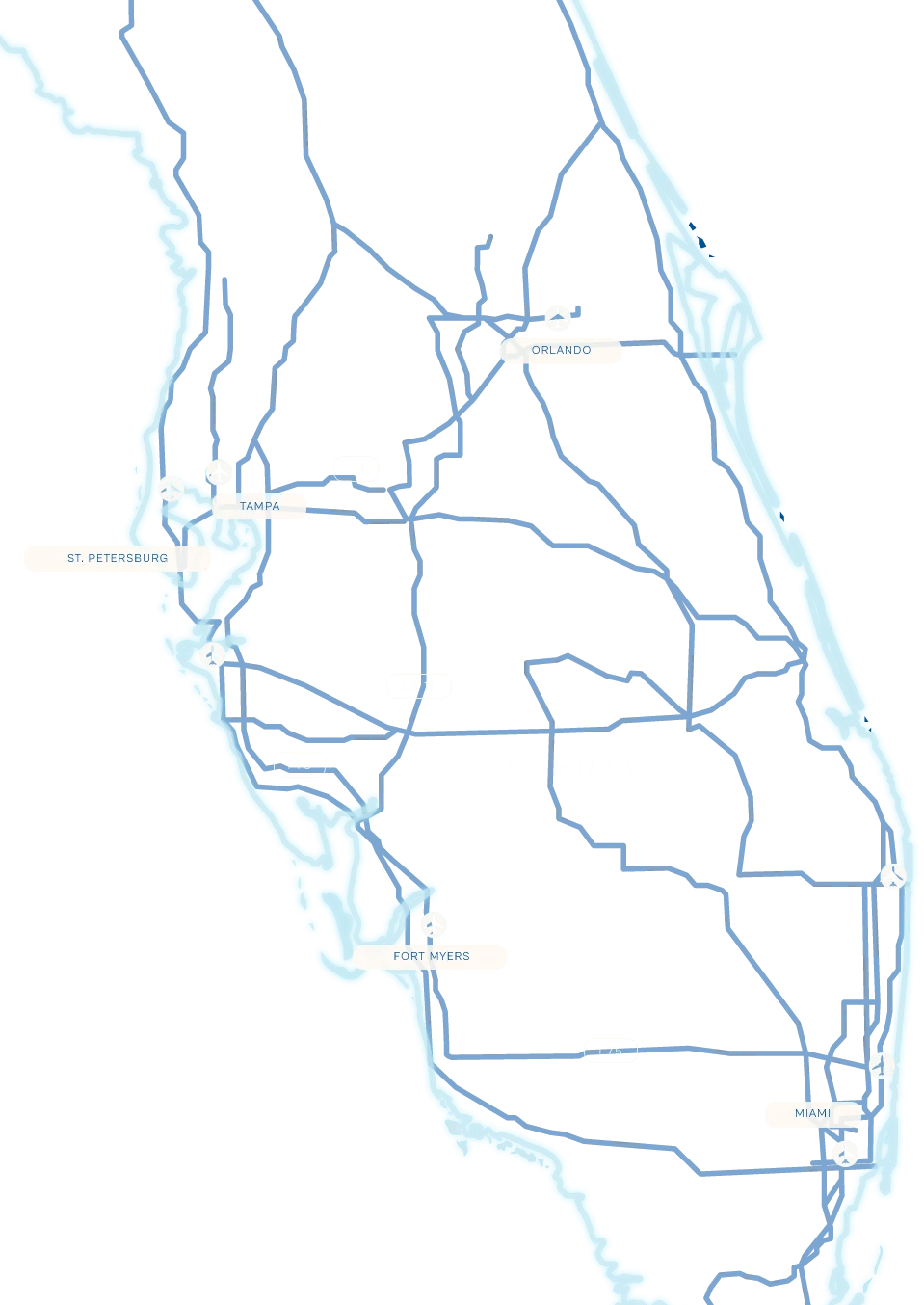 a map of florida with white text