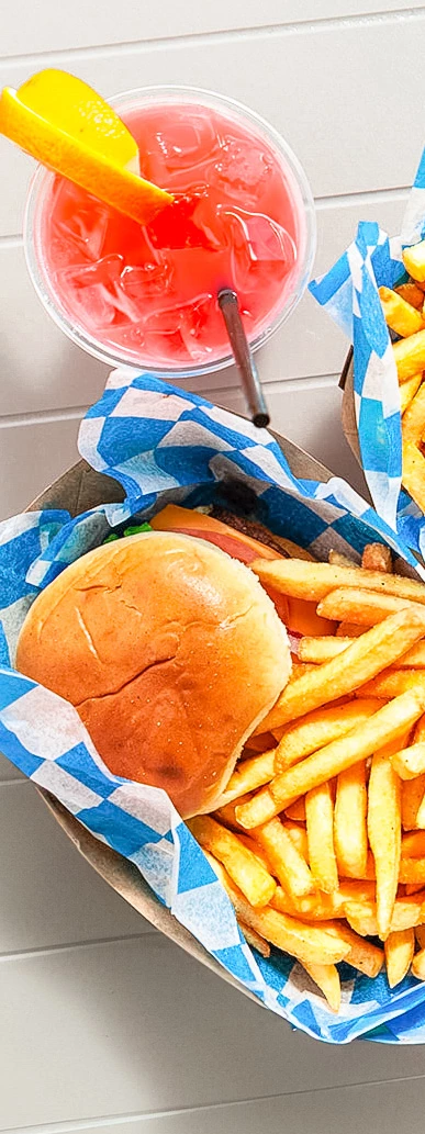 a burger and fries in a basket