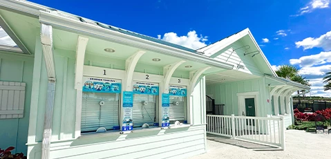 a building with windows and signs