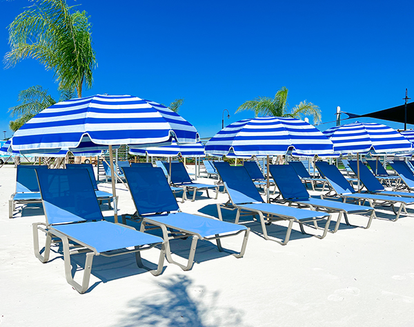a group of blue chairs and umbrellas on a beach