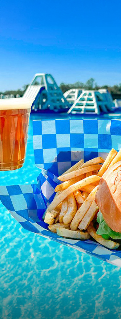 a sandwich and fries in a blue and white checkered paper