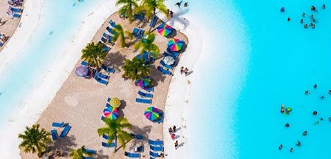 a beach with umbrellas and palm trees