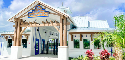 a white building with blue trim