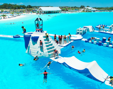 a group of people in a water park