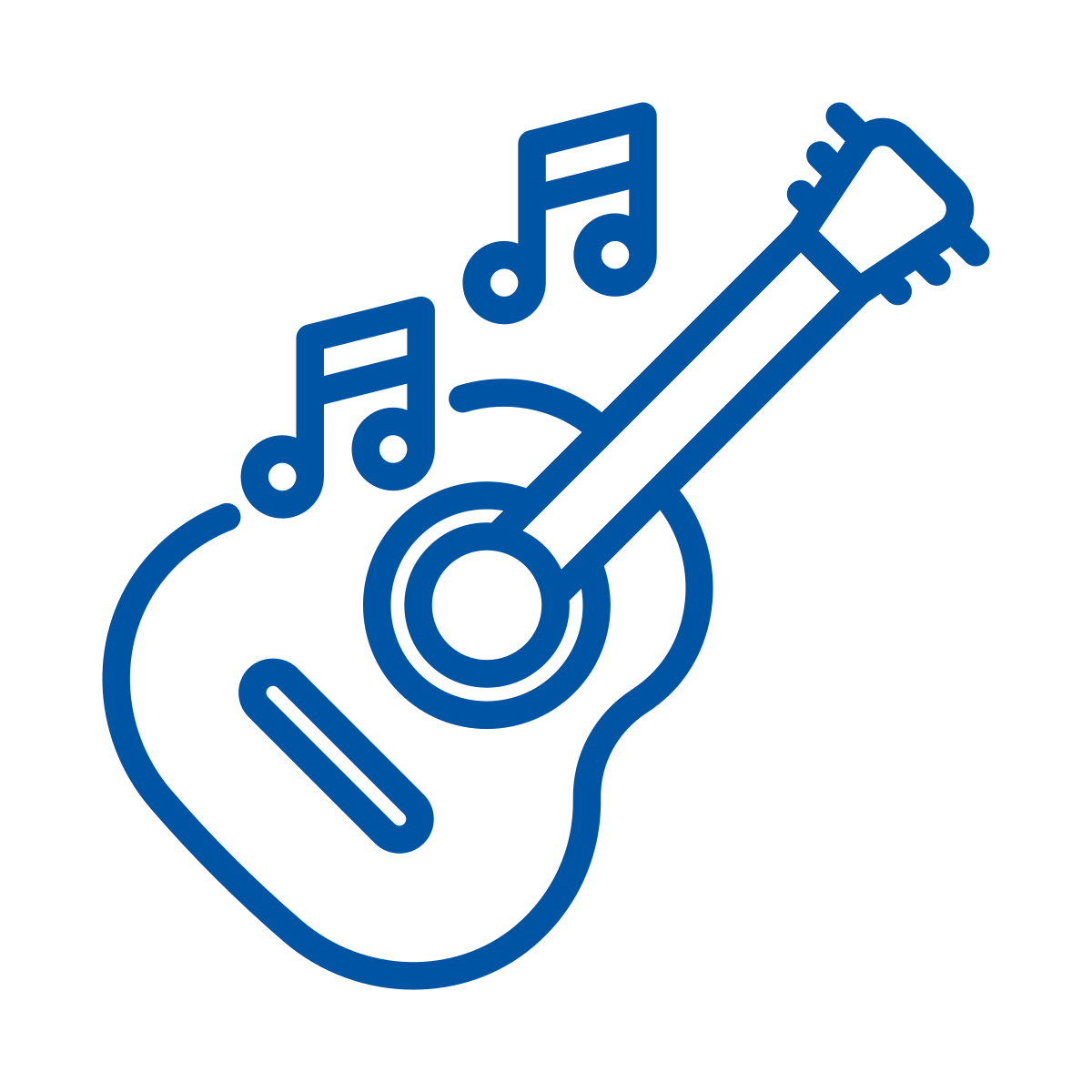 a blue line drawing of a guitar and notes