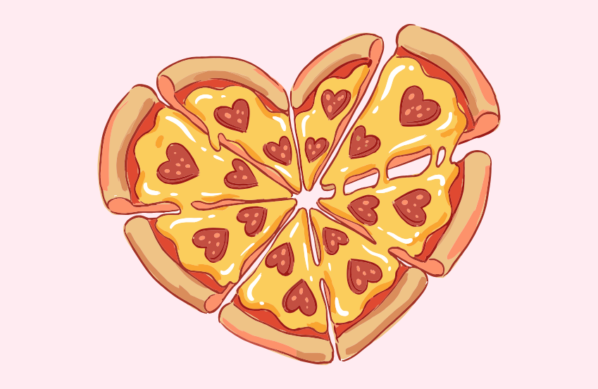 a heart shaped pizza with cheese and hearts