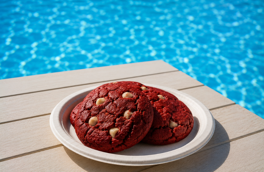 a plate of red cookies on a table by a pool