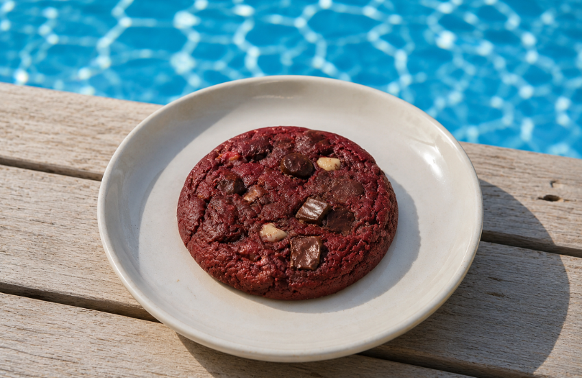 a red cookie on a plate by a pool