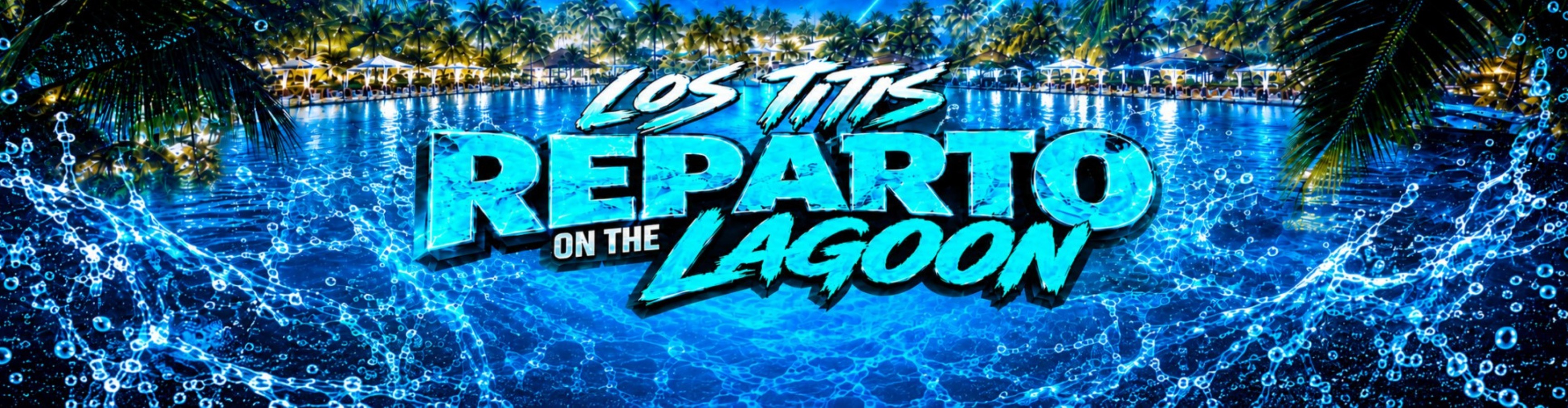 a blue text with palm trees and a pool