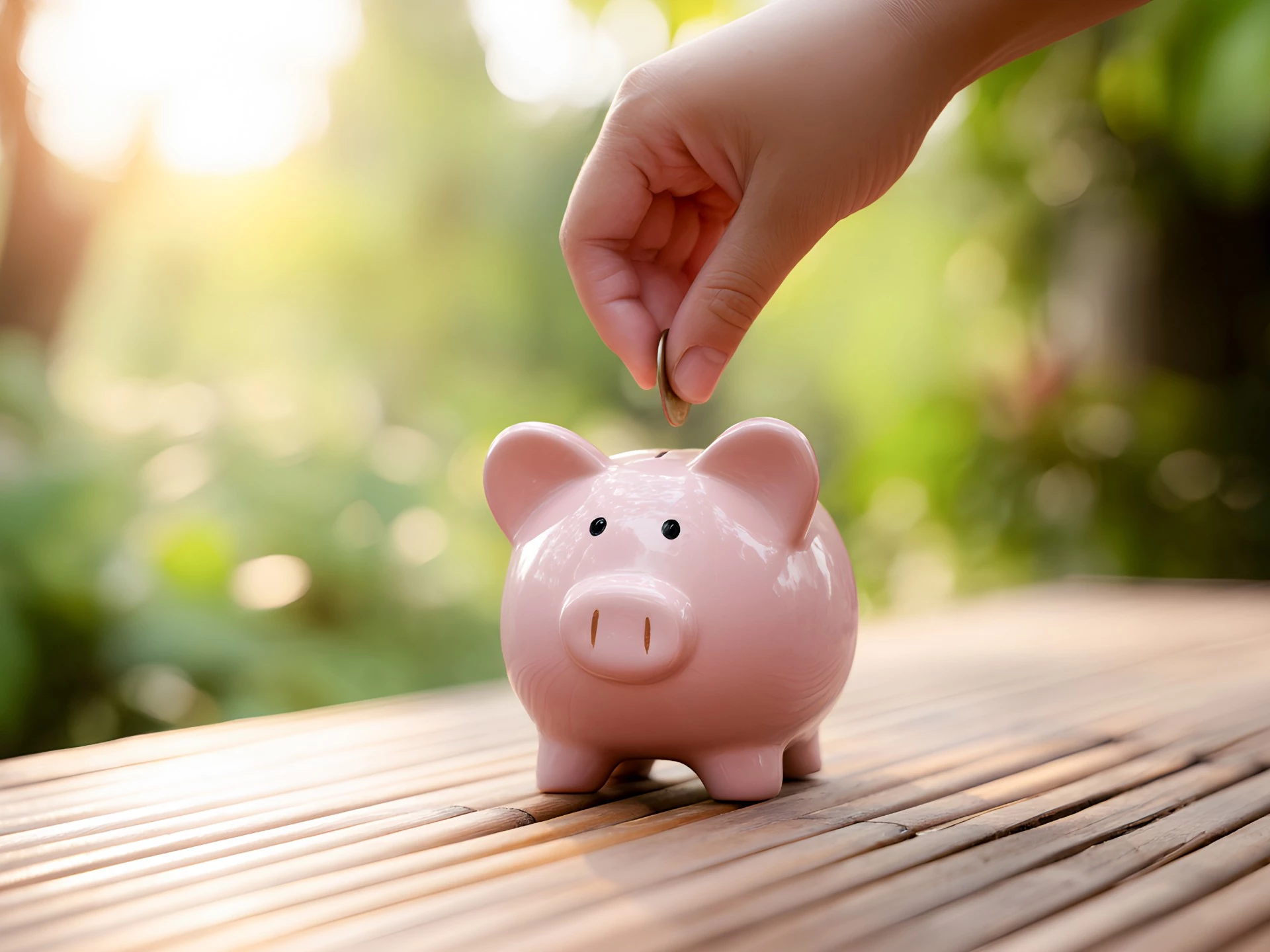 a hand putting a coin into a piggy bank