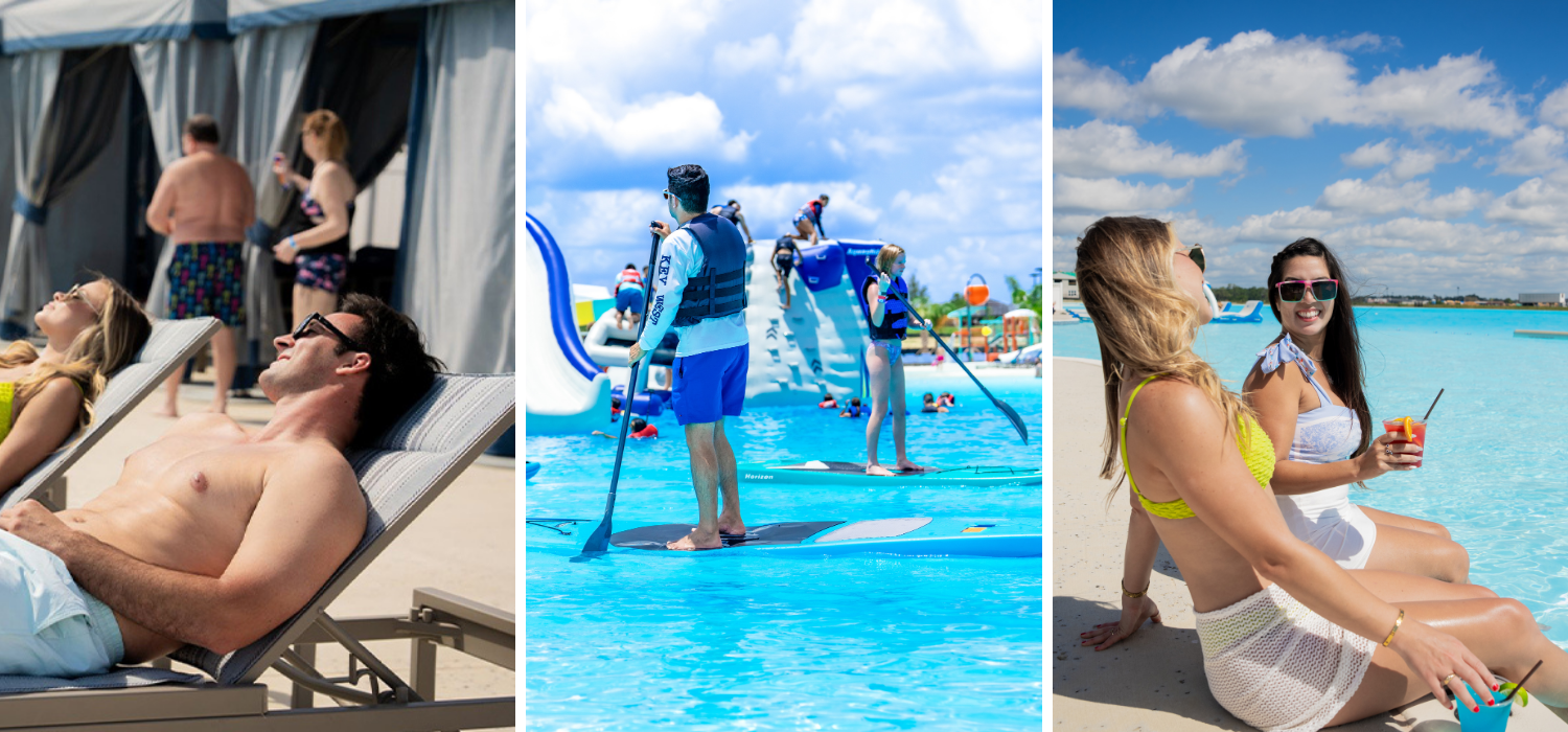 a collage of people on paddle boards