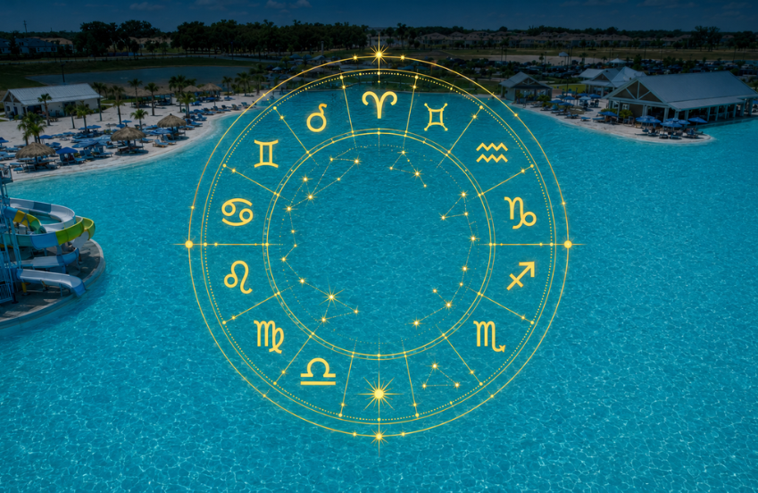 a circle with zodiac signs in the middle of a body of water
