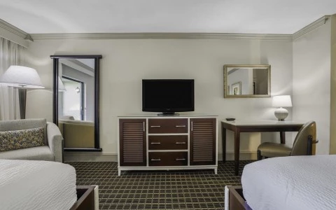 a room with two beds and a television