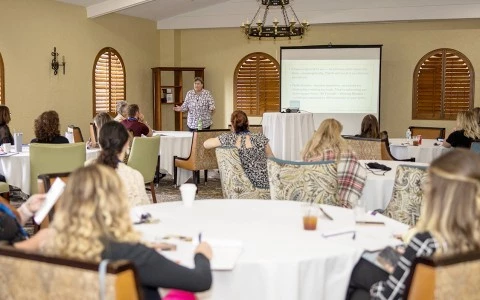 a person giving a presentation to a group of people