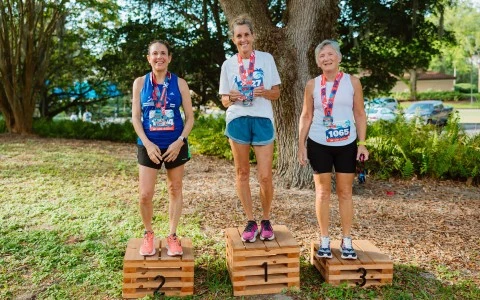 a group of women standing on wooden boxes with numbers on them