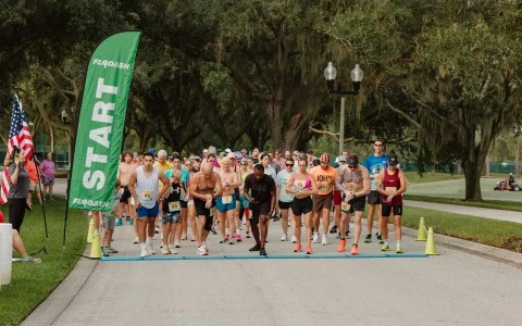 a group of people running on a road