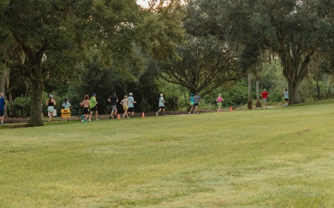 a group of people running on a grass field