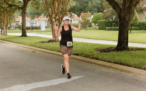 a woman running on a road