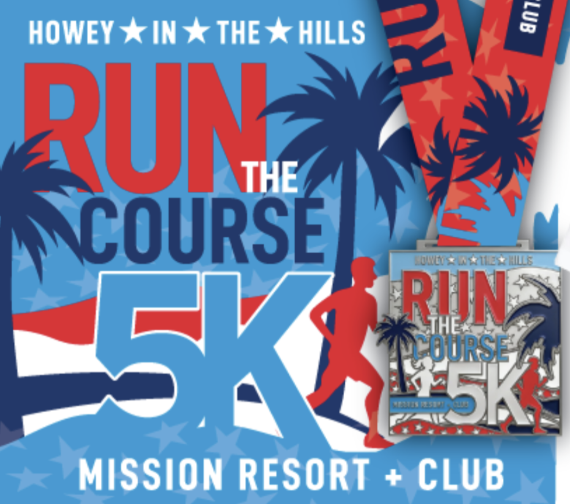 a blue and red flyer with a red and white design