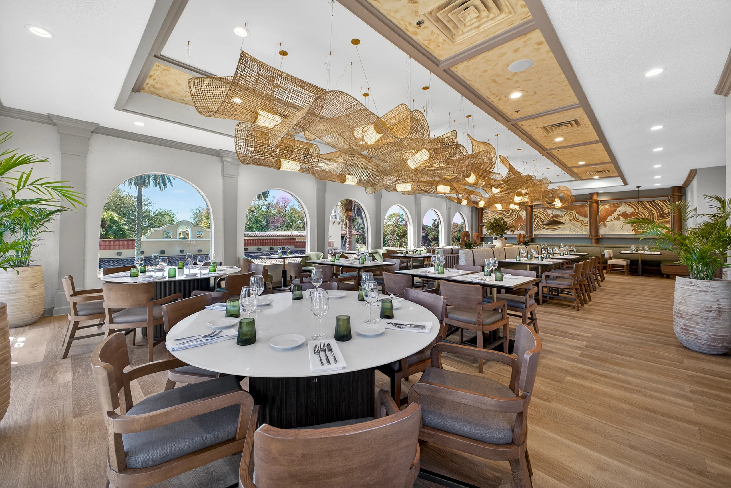 a large room with tables and chairs