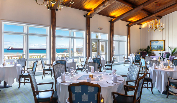 a room with tables and chairs