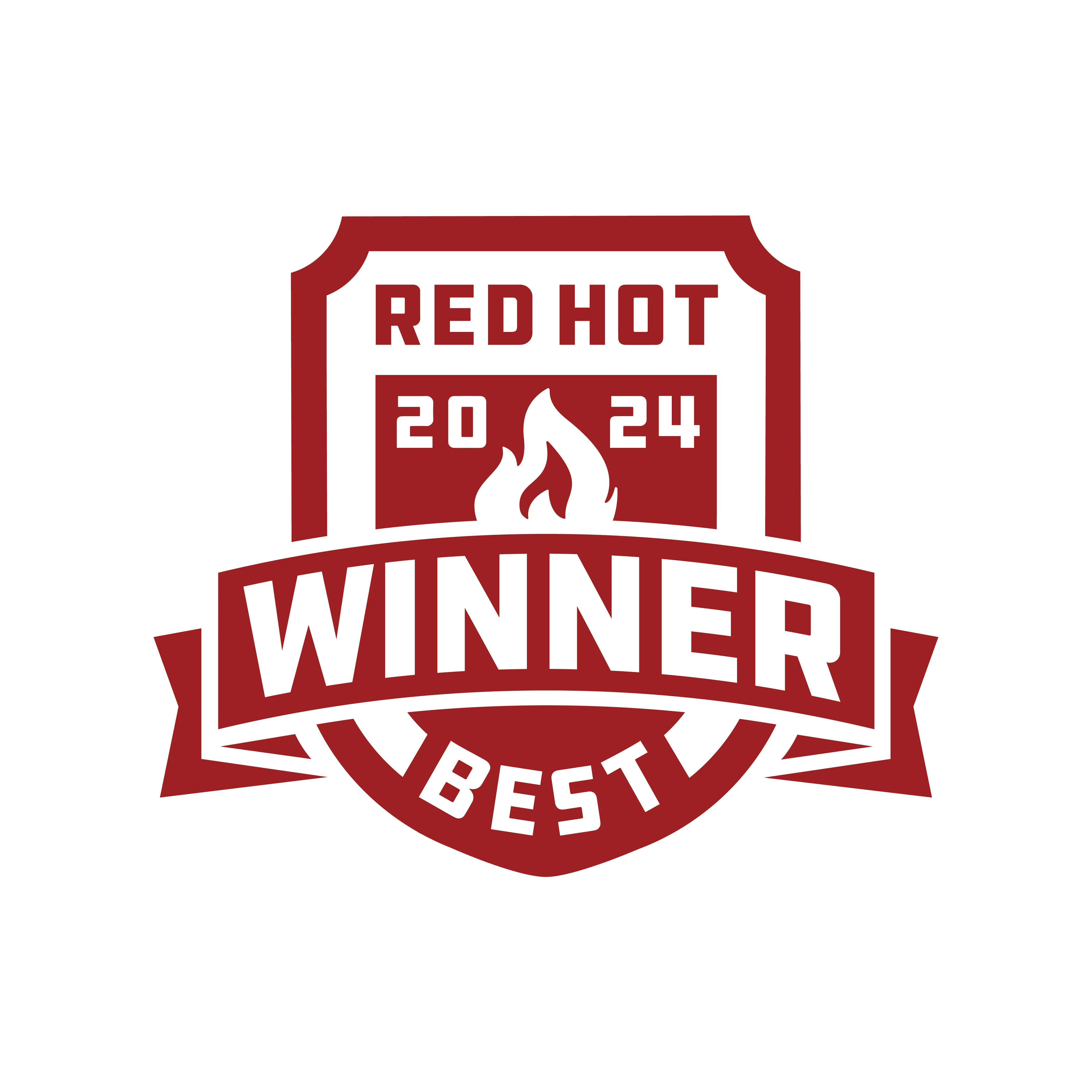 a red and white logo