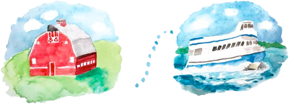 a drawing of a boat and a farm house