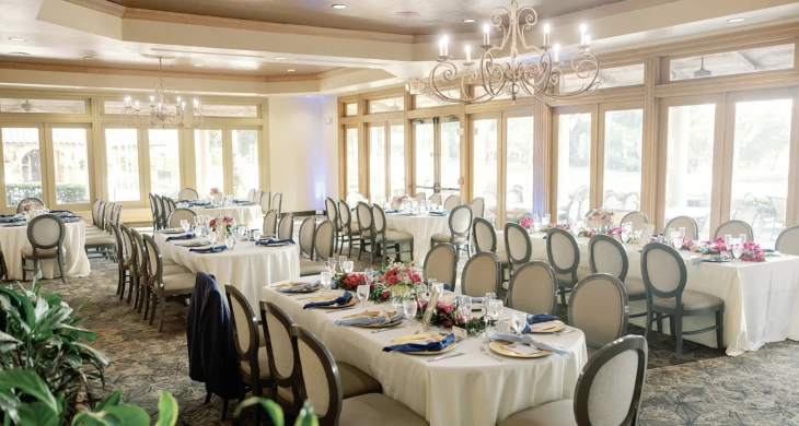 a room with tables and chairs