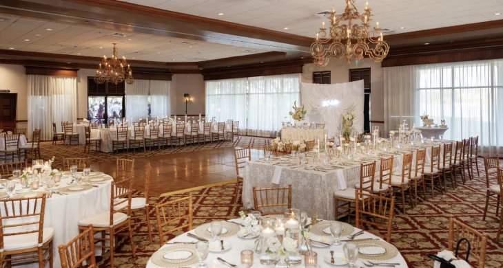 a room with tables and chairs