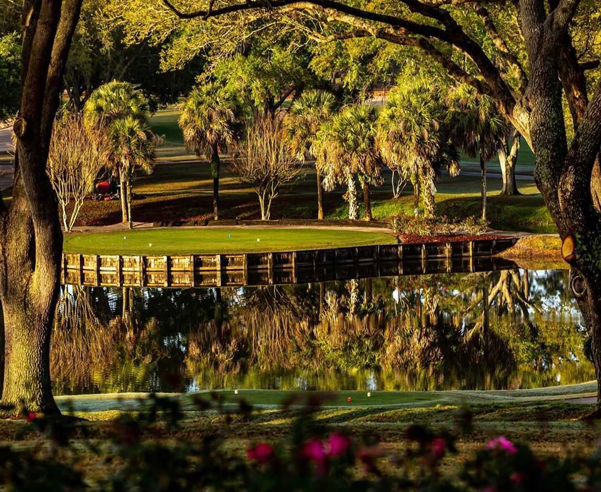 a golf course with a pond and trees