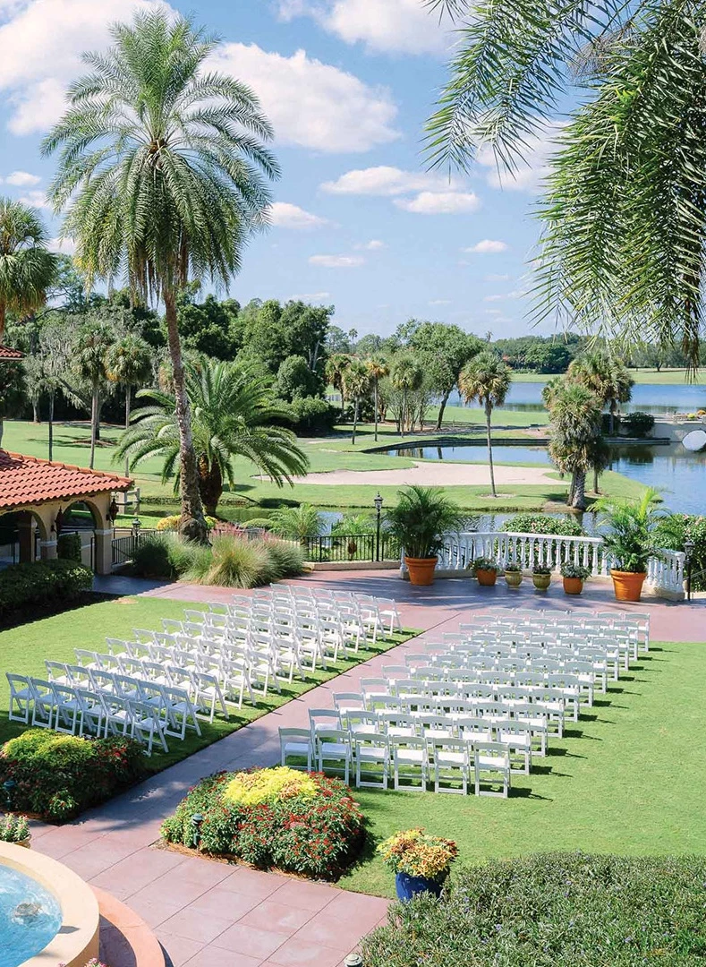 a row of white chairs in a lawn