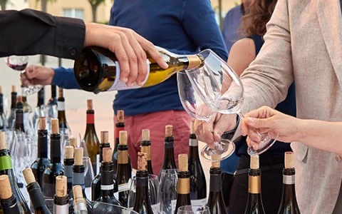 a person pouring wine into a wine glass