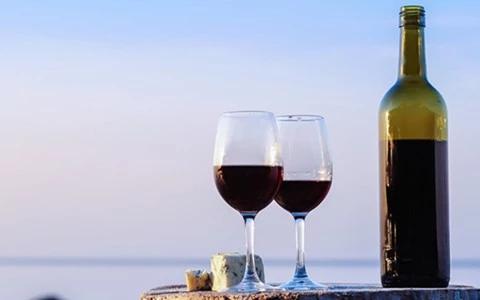 two glasses of wine and a bottle of cheese