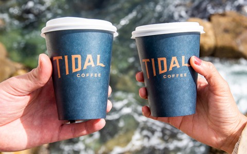 two hands holding coffee cups with water in the background