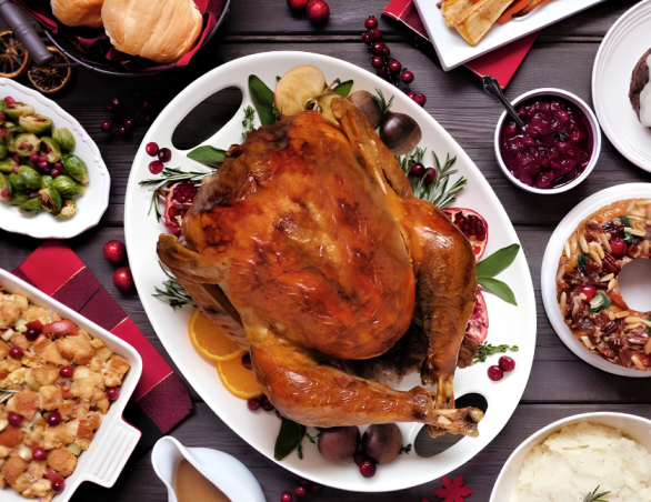 a turkey on a platter with food on it