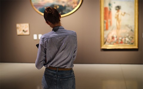 a woman looking at a painting