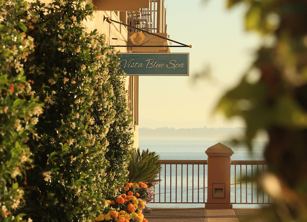 vista blue sign exterior view by the ocean