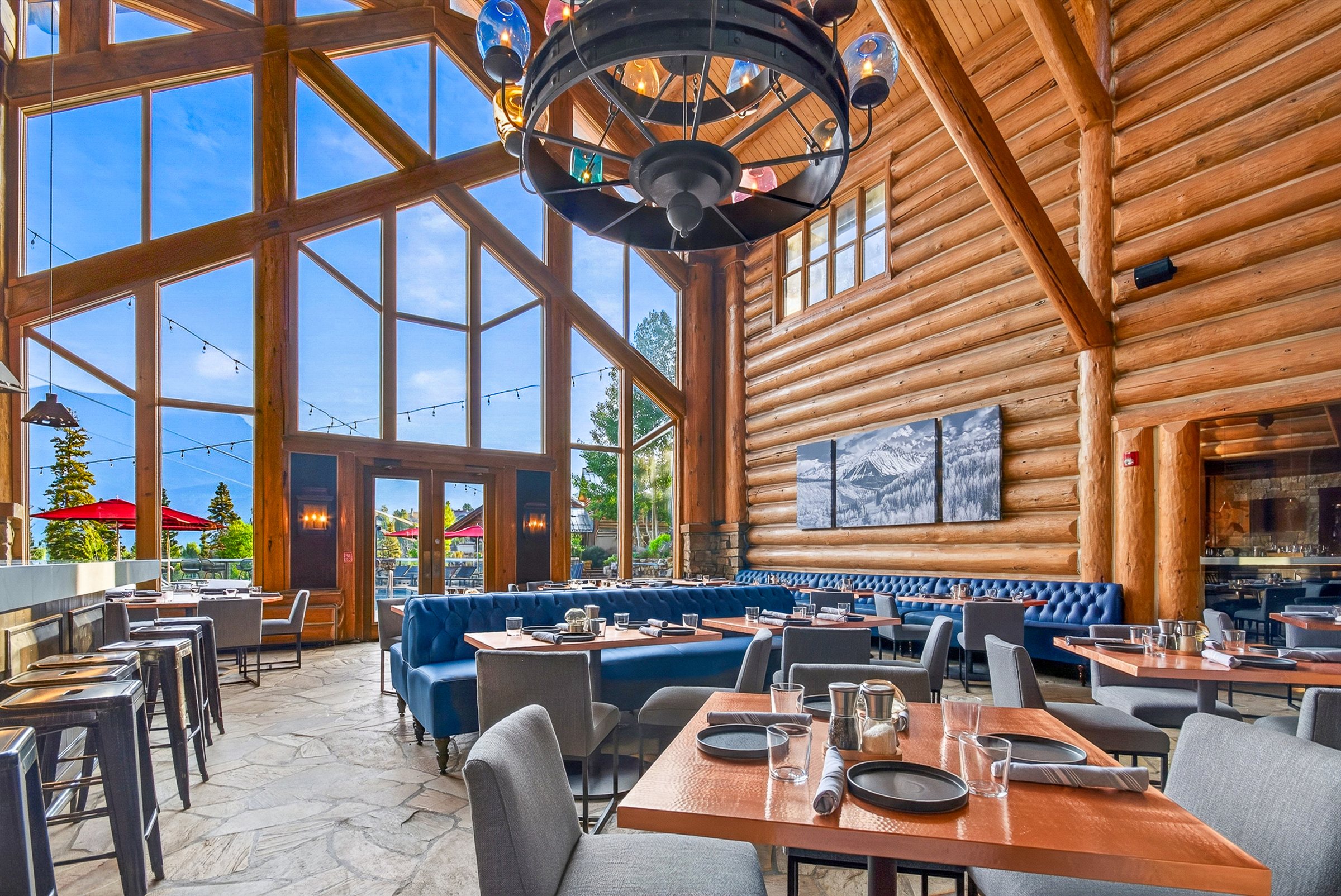 a restaurant with a large window