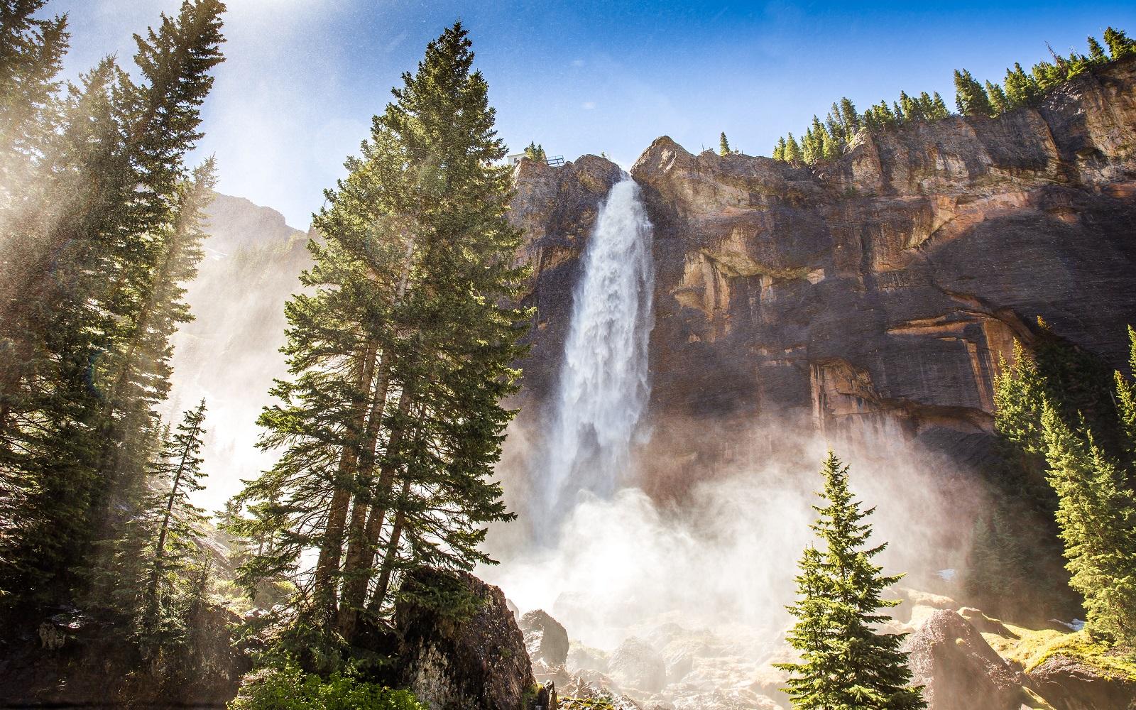 Bridal Veil Falls at the head of the Telluride box canyon in summer