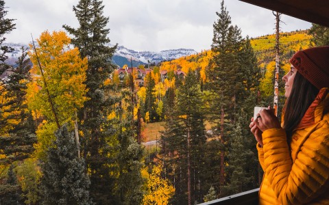 a person holding a mug with trees and mountains in the background