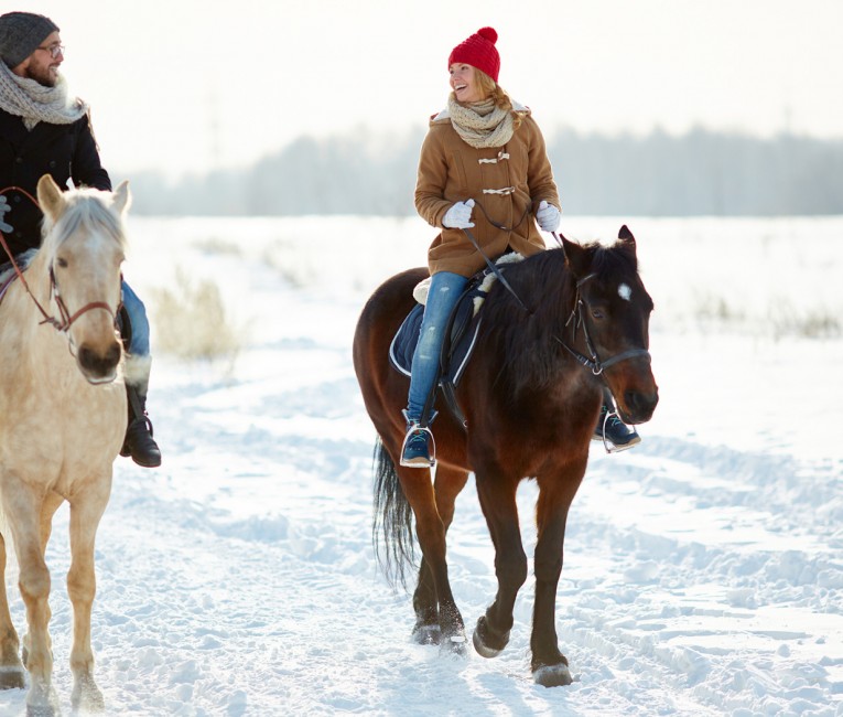 a man and woman riding horses through the snow during the day
