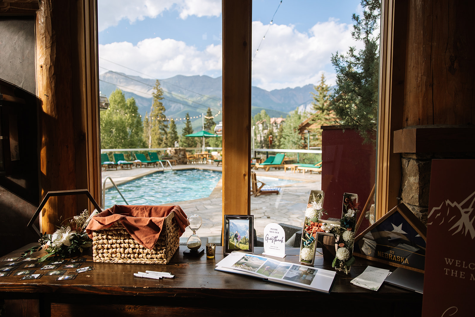 a table with a pool outside
