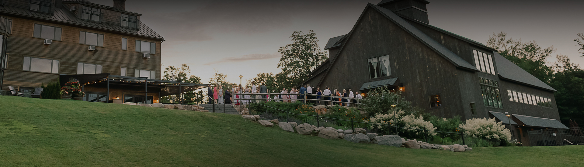 a group of people standing on stairs outside a building