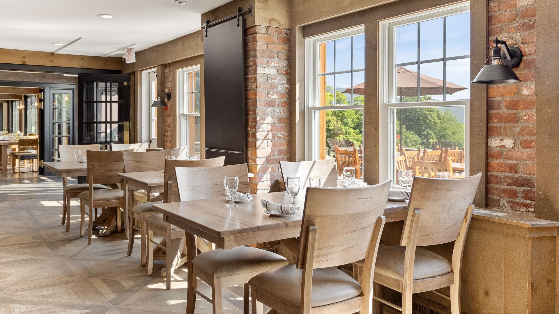 a room with tables and chairs