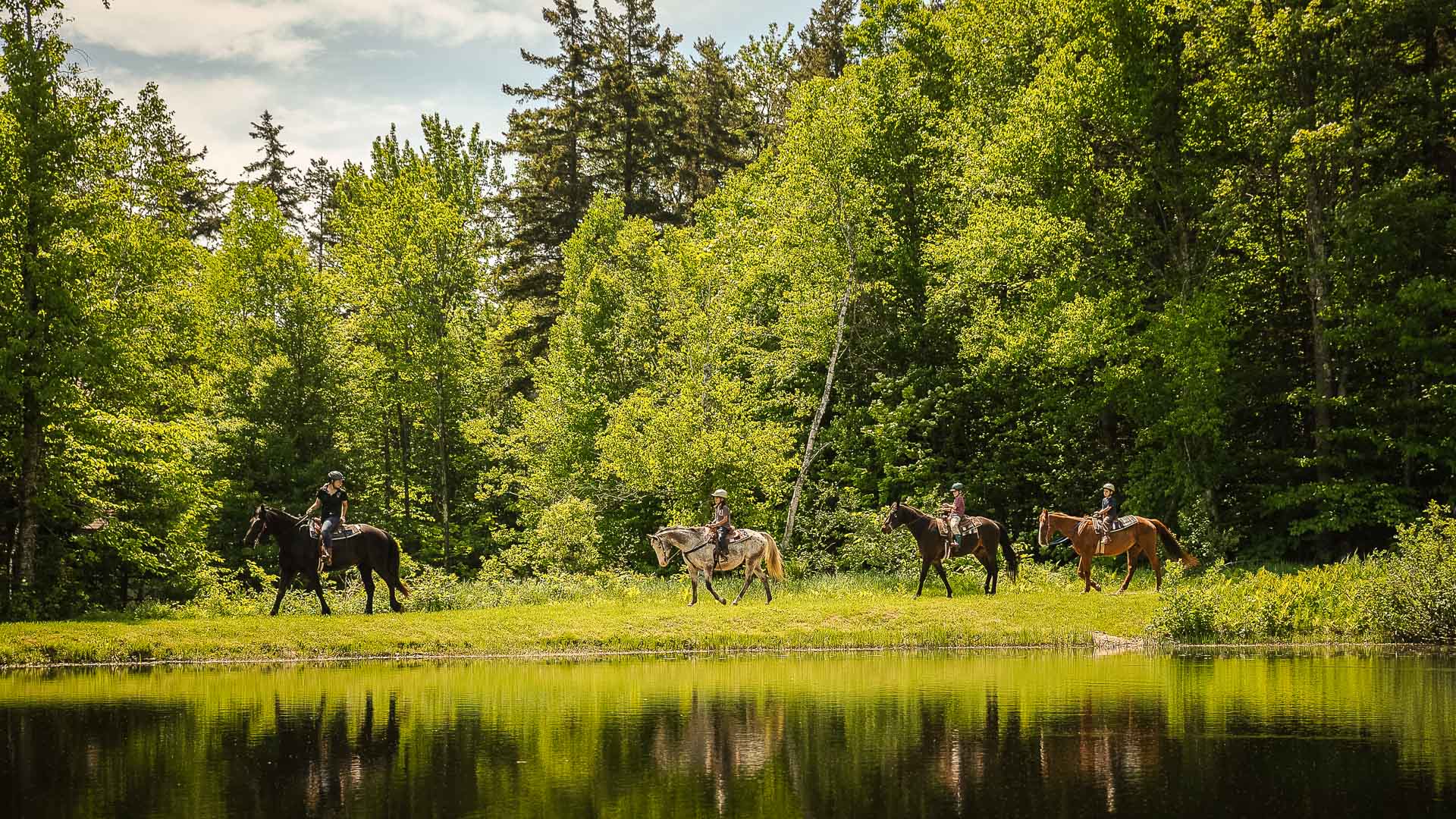 people riding horses near a lake