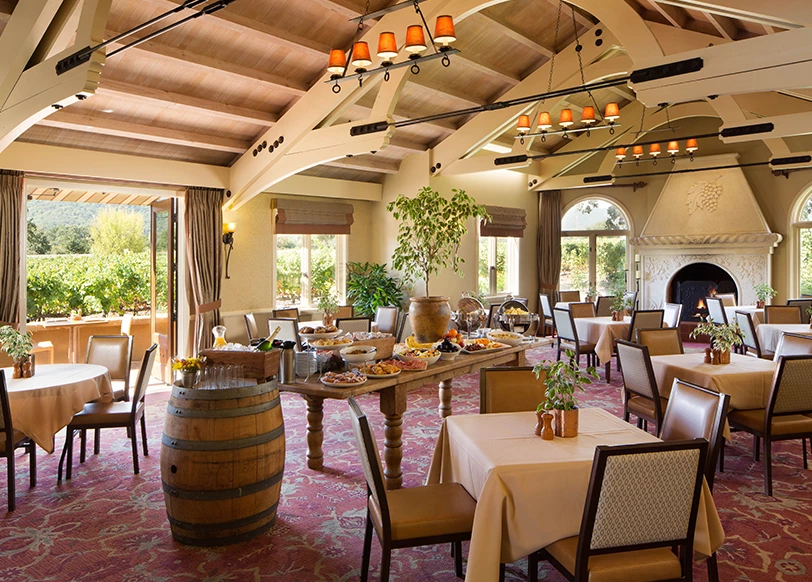 A large dining area with a buffet in the middle