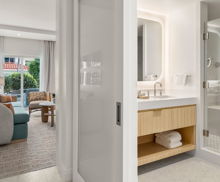 a bathroom with a sliding door