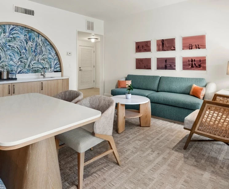 a living room with a couch and a table