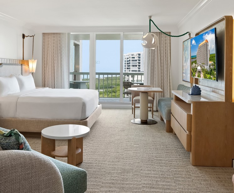 a room with a bed and a television