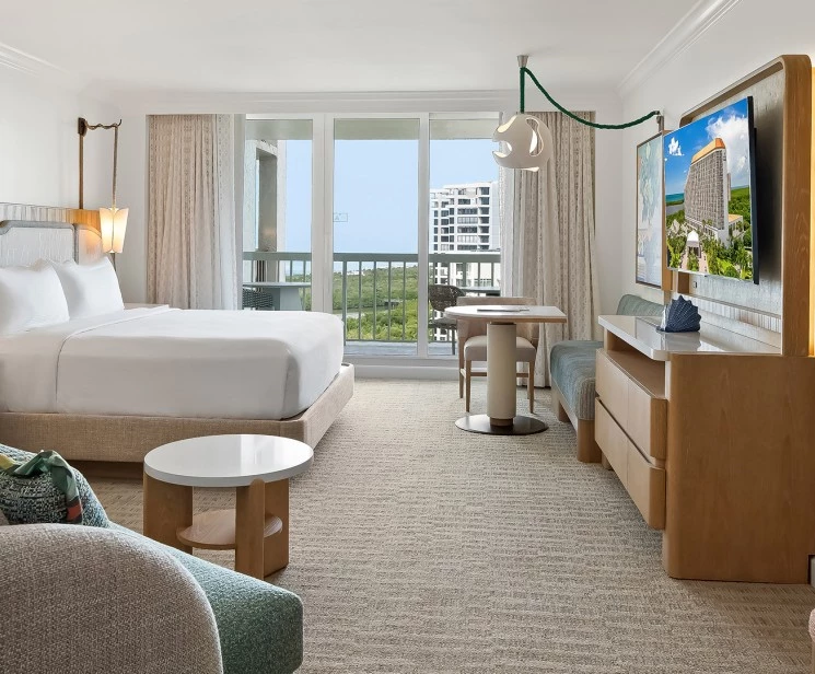 a room with a bed and a television